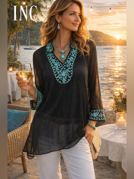 INC International Concepts Tops - ⭐️INC International Concepts Sheer Embroidered Tunic Boho Resort Top Size 14/L